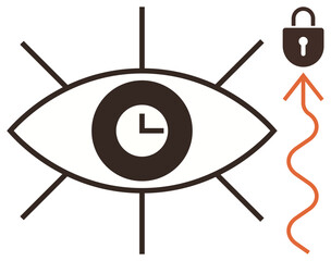 Large eye containing clock highlights time and focus. Arrow leads to padlock, relating to vision, planning, unlocking potential, digital security. Ideal for time management, clarity, innovation