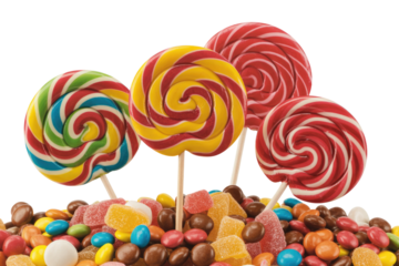 Colorful swirl lollipops and assorted candies on a transparent background. background removed