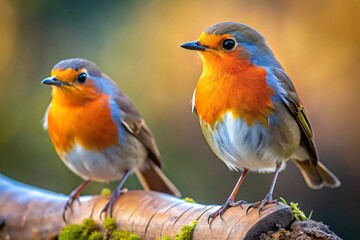 Fototapeta premium Two European robins perched on a mossy branch.