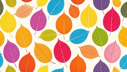 A vibrant pattern of colorful autumn leaves creates a cheerful and inviting design.