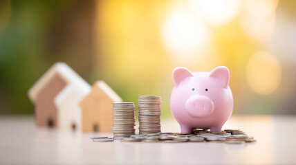 Piggy bank beside growing coin stacks with home shapes in background, representing savings growth, budgeting, and personal finance goals.

