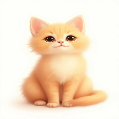 Adorable fluffy ginger kitten with big dark eyes sitting and looking forward with a sweet expression
