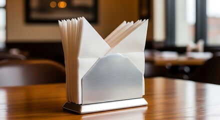 Elegant table setting featuring a napkin holder in a restaurant with blurred background ambiance