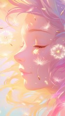 Profile of a woman with flowing hair and dandelion seeds in a soft, dreamy light