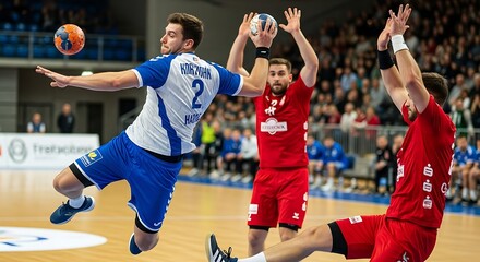 Dynamic handball match showcasing player mid-air throw amidst intense gameplay and audience presence