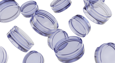 An abstract composition of translucent, round, petri dish-like objects floating against a white background, creating a sense of depth and movement.