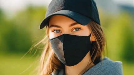health safety and pandemic concept  young woman wearing black face protective reusable barrier mask outdoors no logos no brands ar 169