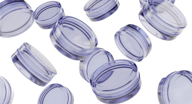 An abstract composition of translucent, round, petri dish-like objects floating against a white background, creating a sense of depth and movement.