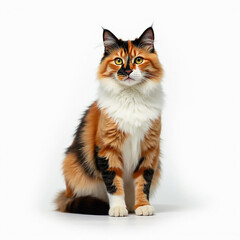 Beautiful long haired calico cat sitting elegantly on a white background with a curious expression