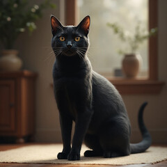 Elegant black cat with striking green eyes sitting calmly indoors on a rug bathed in soft sunlight