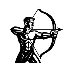 Archer aiming with bow stretched tight, bold geometric style