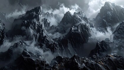 Dramatic Mountain Range Under Stormy Skies: A Majestic Landscape.