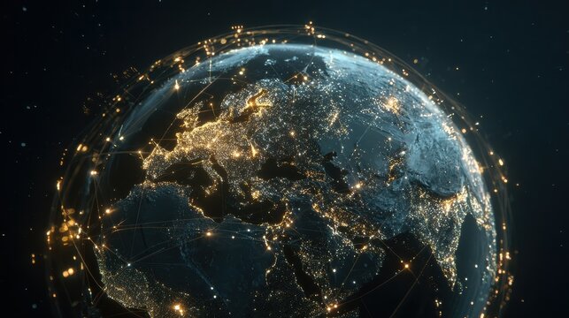 digital globe with illuminated nodes and connecting lines surrounded by glowing data screens showcasing global network connectivity and data visualization
