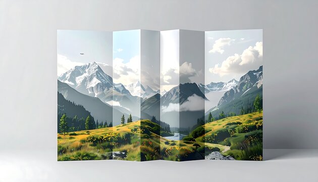 A vibrant, multi-paneled artwork showcasing a serene mountain landscape with snow-capped peaks, lush greenery, and a flowing river. The image conveys a sense of peace and tranquility.