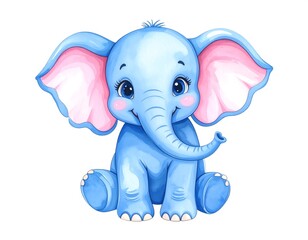 Cute light-blue elephant, big pink ears, cheerful expression
