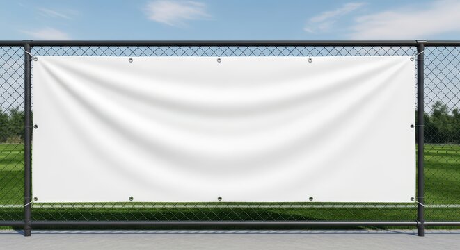 Blank white banner on fence at sports field for advertising or event promotions