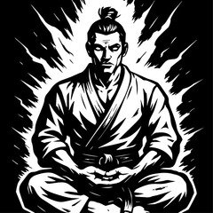 Martial artist in meditation pose, contrast of calm and power