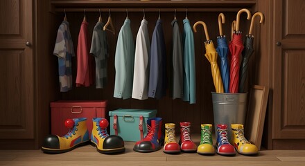 Eclectic wardrobe ensemble: A playful collection of clothing, footwear, and umbrellas in an