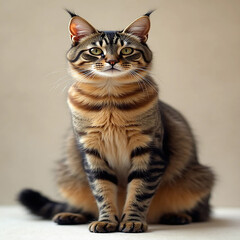 Majestic maine coon cat with striking tabby markings and ear tufts sitting regally indoors