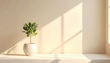 Fototapeta premium Minimalist indoor plant in a white pot with natural sunlight and shadow on a beige wall.