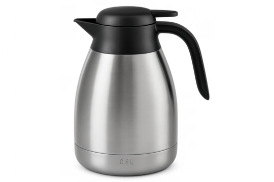 Stainless Steel Insulated Coffee Carafe with Black Lid and Handle on Transparent Background