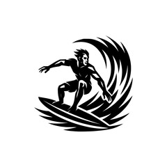 Surfer balancing on a wave, stylized sharp black shapes