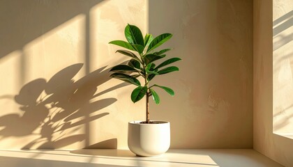 A Ficus Elastica Plant in a White Pot Bathed in Warm Sunlight.