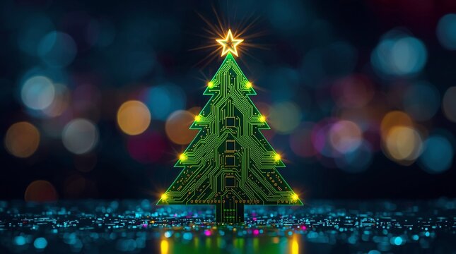 Colorful futuristic Christmas tree shaped as circuit board with glowing lights and star on top, digital holiday decoration, modern technology celebration for Christmas and New Year season - Powered by Adobe