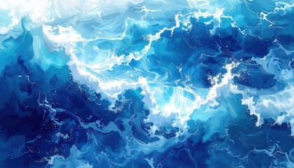 Fototapeta premium Abstract Swirling Blue Ocean Waves with White Foam and Light Effects.