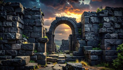 Ancient Stone Archway Ruins at Sunset.