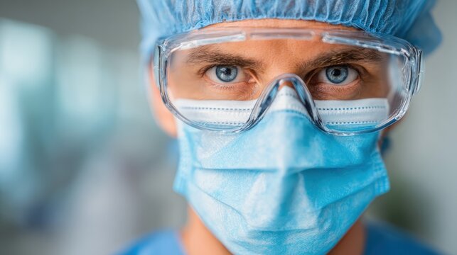 healthcare profession and medicine concept  doctor or male nurse in blue uniform face mask for protection from virus disease goggles and gloves over medical office at hospital on background no logos  - Powered by Adobe
