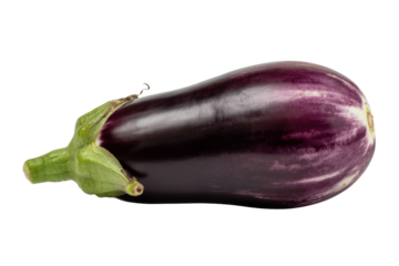 A single, ripe eggplant, isolated on a transparent background, showcasing its vibrant purple skin and green stem. background removed