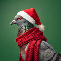 Cute pigeon wearing a red santa hat and scarf against a green background