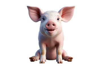 Adorable cartoon piglet sitting, smiling, transparent background. background removed