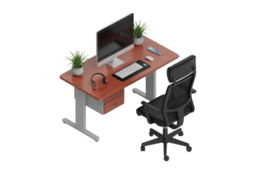 Isometric view of a modern workspace with a computer, chair, and plants. background removed