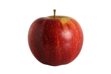 A single, ripe red apple with subtle yellow highlights, isolated on a transparent background. background removed
