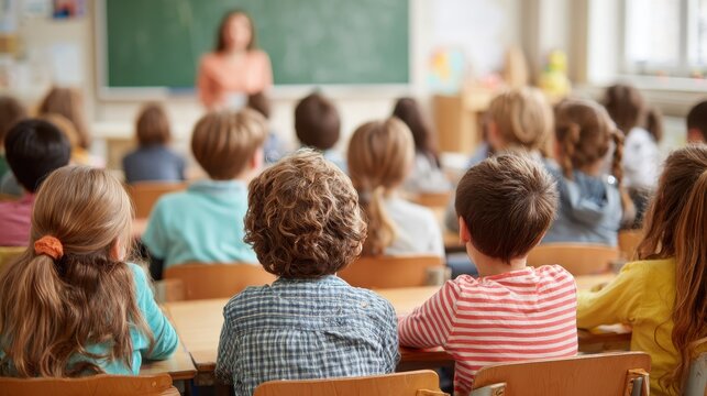 education elementary school learning and people concept  group of school kids sitting and listening to teacher in classroom from back no logos no brands ar 169