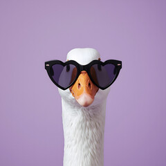 Close up of a white goose wearing black heart shaped sunglasses against a solid purple background