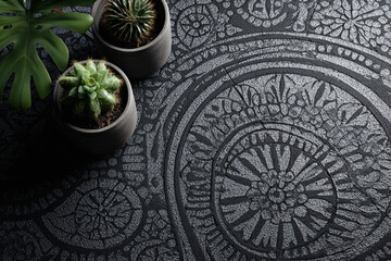 Dark surface with ornate design succulents and monstera leaf