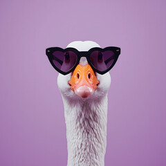 Funny goose wearing heart shaped sunglasses against a solid purple background