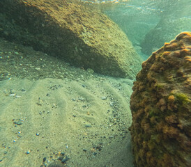 Underwater rocks photographed during a dive in the Mediterranean Sea	