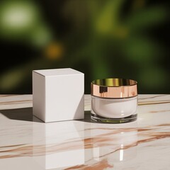 Cream Jar with bronze lid beside a box on a glossy surface