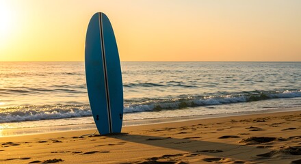 Realistic surfboard standing in sand with ocean waves in background under golden sunset light