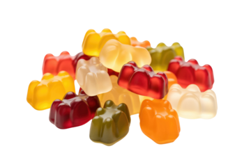 A pile of colorful gummy bear candies, isolated on a transparent background. background removed