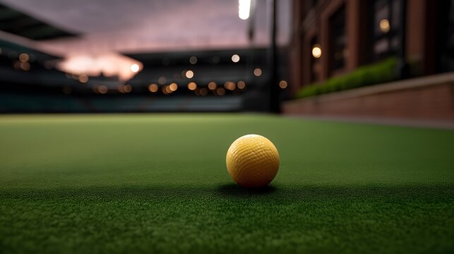 Close up of field hockey ball on turf before brick wall with floodlights and stadium seating at dusk - Powered by Adobe
