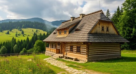 Obraz premium Charming rustic log cabin nestled in a serene mountain landscape evoking tranquility and simplicity