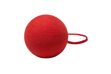 A red, textured spherical clown nose with a small elastic band. background removed