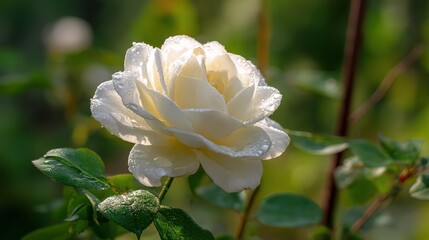Large white rose blooming with dew on petals, sunlight through leaves against fresh green background, macro photography.