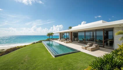 Modern beachfront villa with pool overlooking turquoise ocean on a sunny day