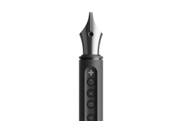 Close-up of a sleek, modern digital pen with a metallic nib and control buttons. background removed